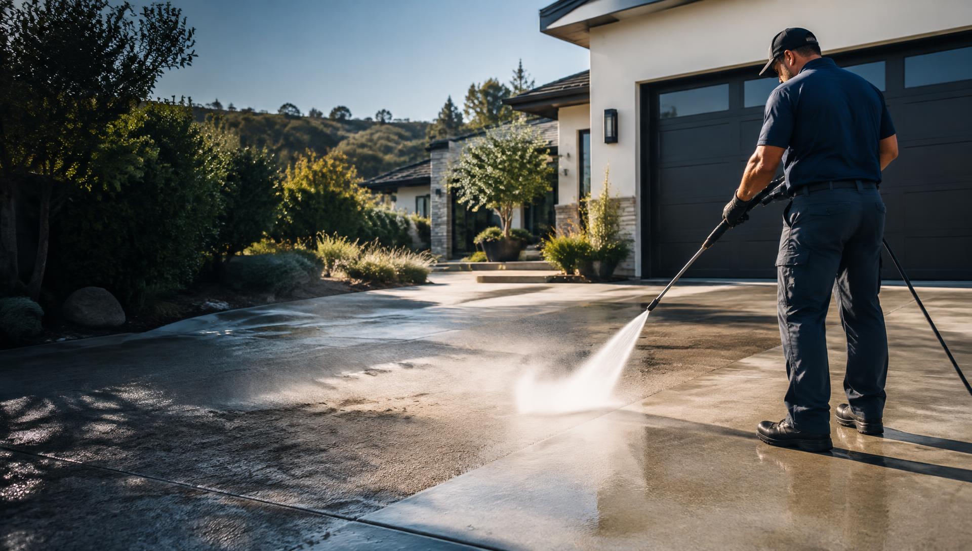 Professional pressure washing a residential driveway in Hayward